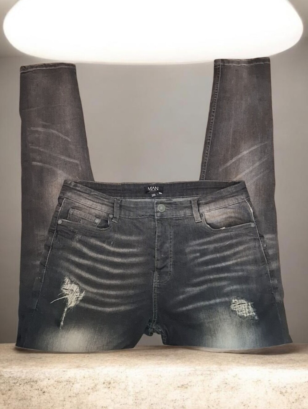 Mens BoohooMan Washed Black Skinny Jeans with Distressed Details Size 34L